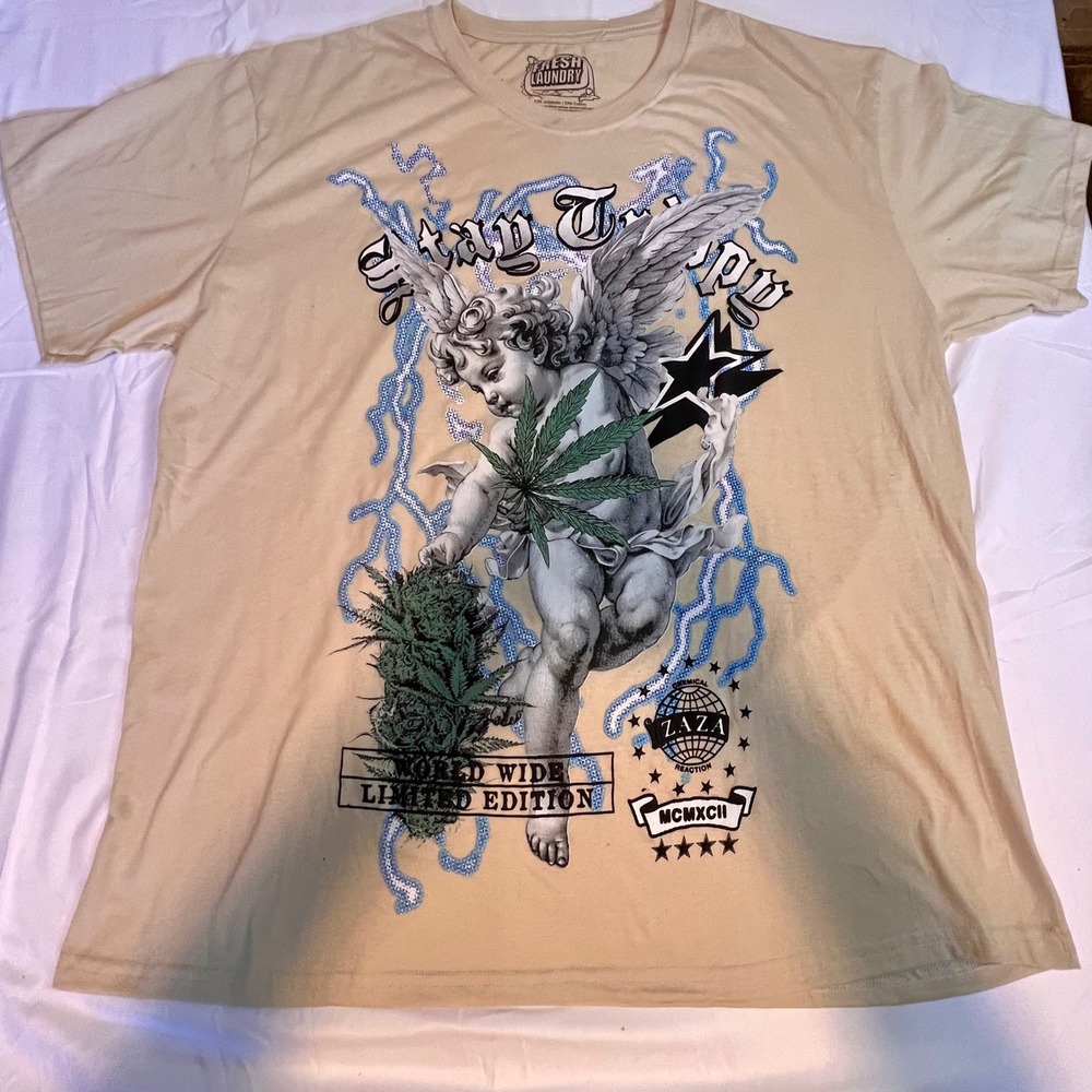Fresh Laundry 3XL T-Shirt Mens Tan New Stay Trippy Cherub Weed‎ Graphic Tee